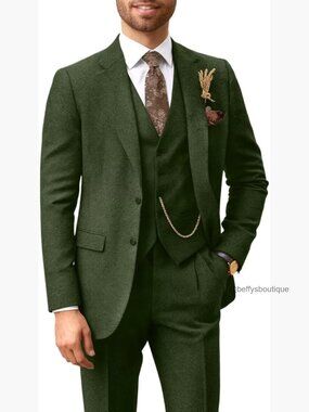 Men's 3-Piece Tweed Suit Set Herringbone Blazer Vest Pants Wedding Business
